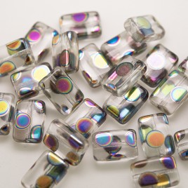 Clear Rainbow Peacock Rectangular 12x8mm Pressed Czech Glass Bead