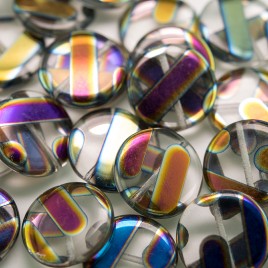 Clear Stripe Peacock  Disc 17mm Pressed Czech Glass Bead