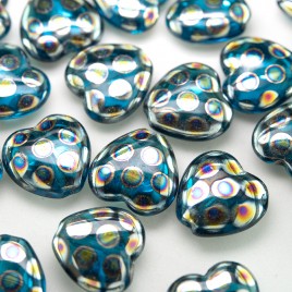 Dark Aqua peacock Heart 16x15mm Pressed Czech Glass Bead