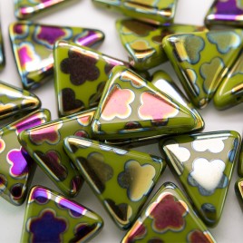 Dark Citron Peacock Triangle 15x19mm  Pressed Glass Bead - Retail system