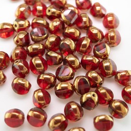 Fire Red 8mm Tricon Cut, Golden Finished Fire Polished Glass Bead