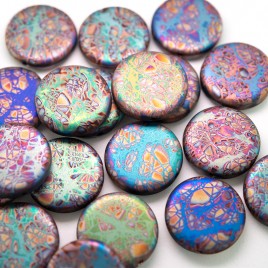 Glacier Peacock Disc 17mm Pressed Czech Glass Bead - Retail system