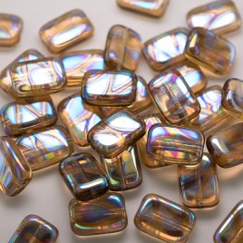 Golden Straw Peacock Rectangular 12x8mm Pressed Czech Glass Bead