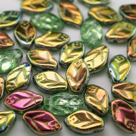 Green & Clear, lustered metallic wavy leaf 12x7mm glass drop bead - Retail system