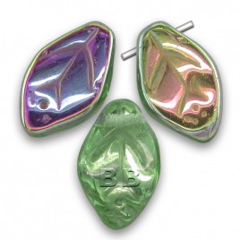 Green & Clear, lustered metallic wavy leaf 12x7mm glass drop bead