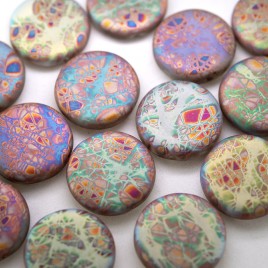 Iridescent Batik Peacock Disc 17mm Pressed Czech Glass Bead