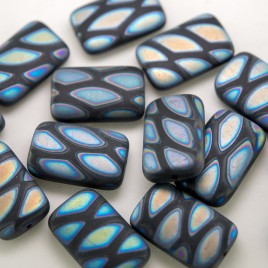 Jet Black matt Peacock  19x12mm Rectangular Pressed Czech Glass Bead