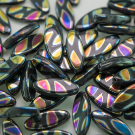 Jet Peacock 15x6mm Oval Glass Pressed Bead - Retail system