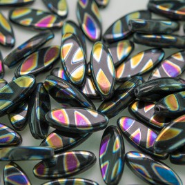 Jet Peacock 15x6mm Oval Glass Pressed Czech Bead