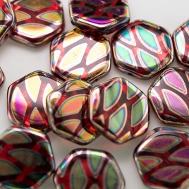 Lollipop Peacock  Hexagon 17mm Pressed Czech Glass Bead - Retail system