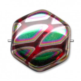 Lollipop Peacock  Hexagon 17mm Pressed Czech Glass Bead