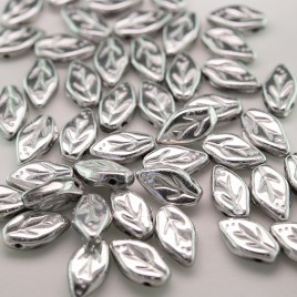 Metallic Silver (full coated) wavy leaf 10x6mm glass bead.