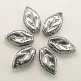 Metallic Silver (full coated) wavy leaf 10x6mm glass bead.