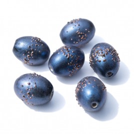 Moonlight Blue Iridescent 14x10mm Olive, Bronze Crush Czech Glass Lampwork Bead