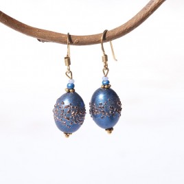 Moonlight Blue Iridescent artisan glass earrings 14x10mm  Olive beads in (.925)  (gold finish)