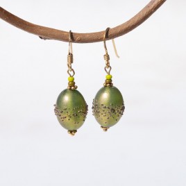 Moss Iridescent artisan glass earrings 14x10mm  Olive beads in (.925)  (gold finish)