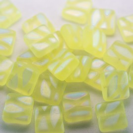 Pale Lime Yellow Peacock matt 10x10mm square glass bead  - Retail system