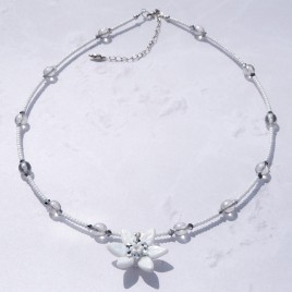 Pearlescent White Flower glass bead necklace.