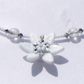 Pearlescent White Flower glass bead necklace.
