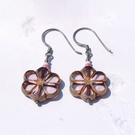 Pink Lotus Florice Bead Earrings - Sterling Silver (black finish) components.