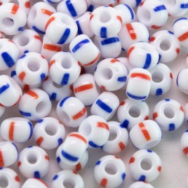 Preciosa Czech glass seed bead 5/0 Opaque White with Blue & Red Stripe