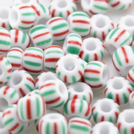 Preciosa Czech glass seed bead 5/0 Opaque White with Green and Red pinstripe