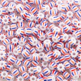 Preciosa Czech glass seed bead 9/0, opaque white with red and blue pinstripes