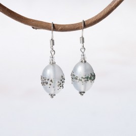 Star White Iridescent artisan glass earrings 14x10mm  Olive beads in Sterling Silver